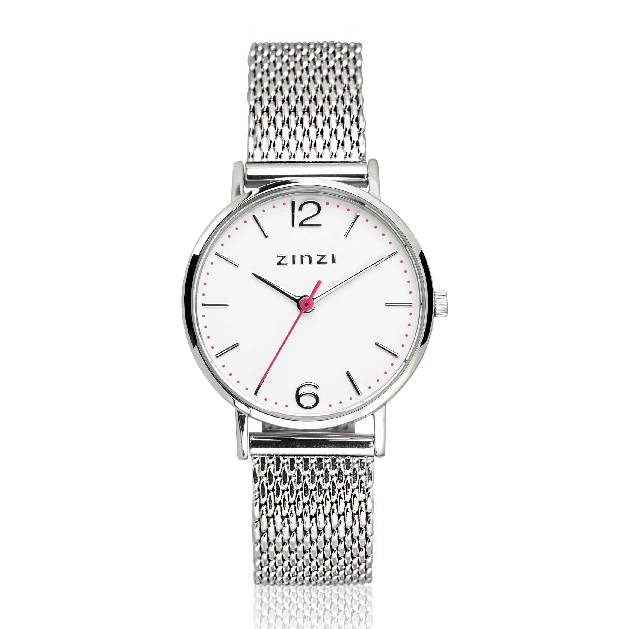 ZINZI Lady horloge witte wijzerplaat stalen kast stalen mesh band 28mm  extra dun - Juwelier Sjaak knijn
